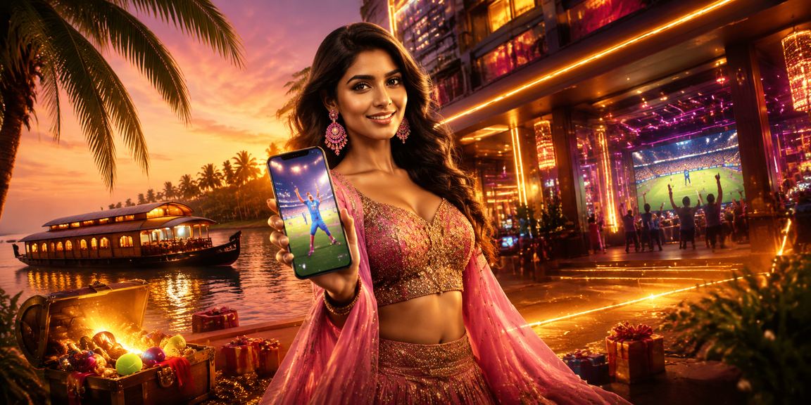 Scenic Kerala backwaters with casino app on mobile phone screen